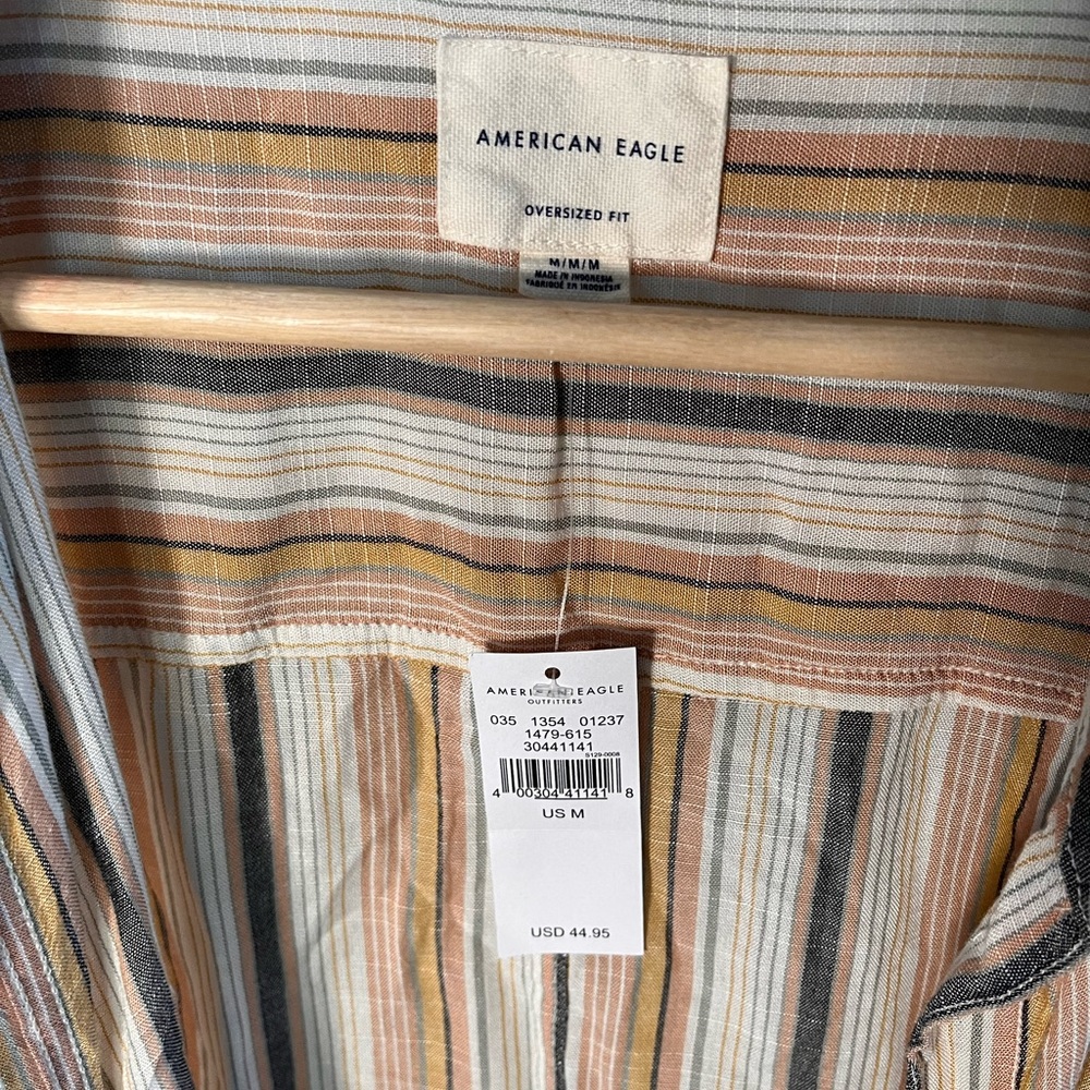 American Eagle Outfitters Men's Striped Button Down‎ Shirt - Cream, Tan, Brown - Picture 3 of 8